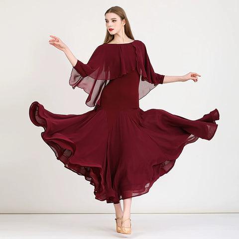 Burgundy Modern Flowy Ruffles Sleeves Ballroom Dance Dress for Women Girls National Foxtrot Smooth Tango Waltz Dance Long Gown - Moderndancedress.com