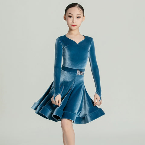 Girls Purple wine velvet ballroom Latin Dance Competition dresses kids International Dance salsa rumba chacha performance skrirts - Moderndancedress.com
