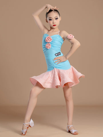 Pink blue flowers Latin dance dresses for girls kids ballroom salsa rumba chacha  split Latin training clothes for children - Moderndancedress.com