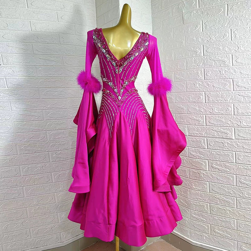 Custom Size Fuchsia Pearl Satin Competition Ballroom Dance Dresses for Women Girls Tango Rhythm Waltz Dance Long Skirts - Moderndancedress.com