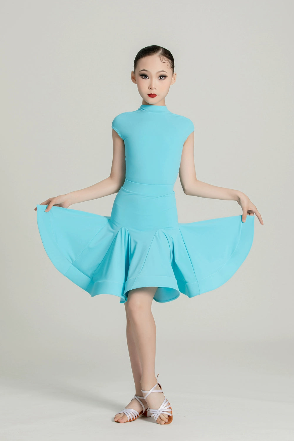 Blackpool Latin dance competition dresses for girls kids aqua yellow green salsa ballroom standard performance outfits for children - Moderndancedress.com