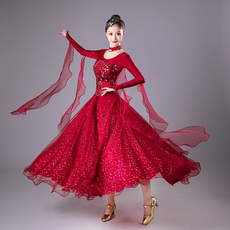 Wine Competition Ballroom Dance Dresses for Women Girls  Embroidered Diamond Waltz Tango Performance Gown - Moderndancedress.com