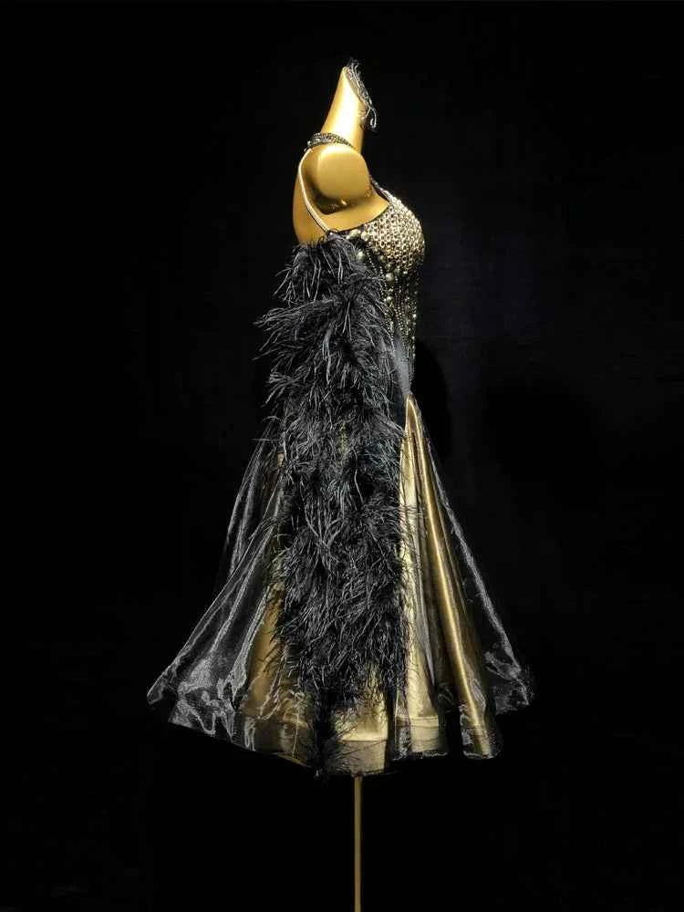 Custom Size Black Gold  Velvet Ballroom Dance Dress Feather Float