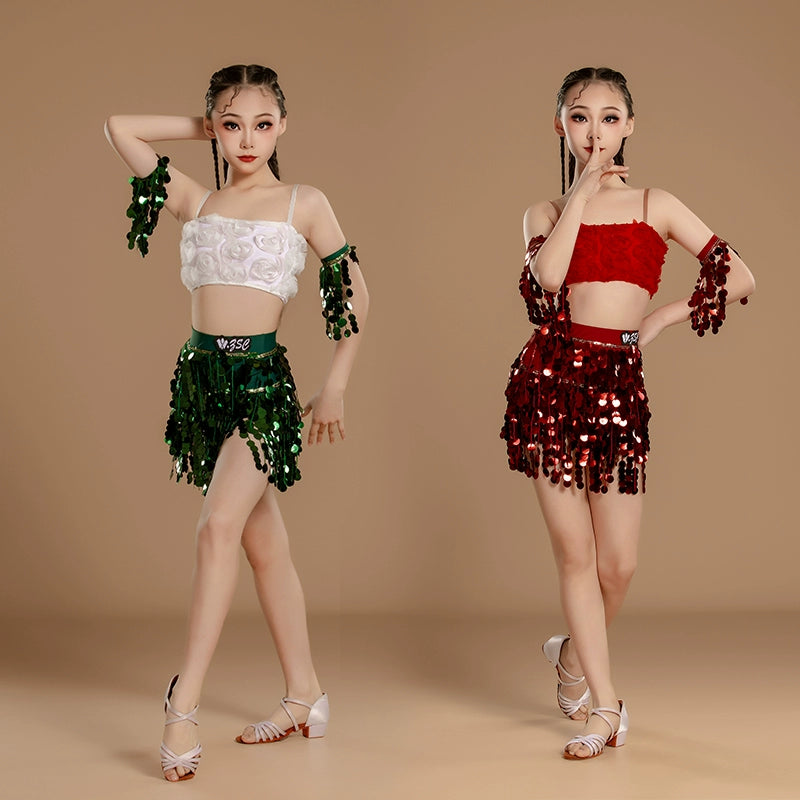 Girls Latin Dance Dresses Green Red Sequins Salsa Rumba Chacha Rose Jazz Dress for Kids Art Examination Outfits
