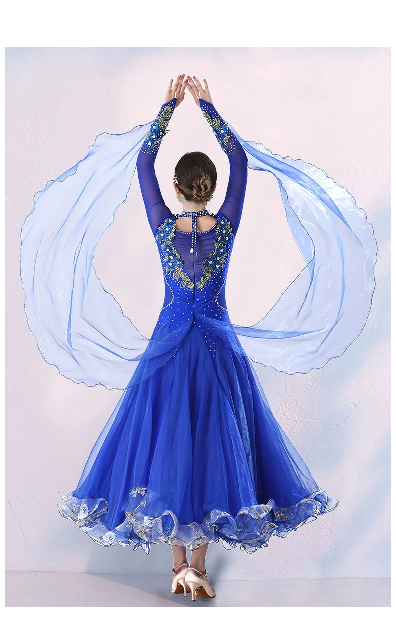 Women's Competition ballroom dance dresses for girls white pink blue waltz tango foxtrot rhythm moving dance long gown with float sleeves - Moderndancedress.com