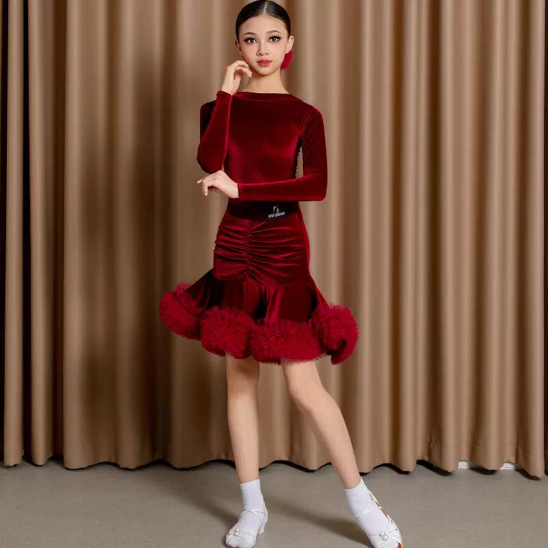 Girls Latin Dance Dresses Pink Wine Blue Velvet Ballroom Salsa Rumba Chacha Latin Performance Costumes for Kids