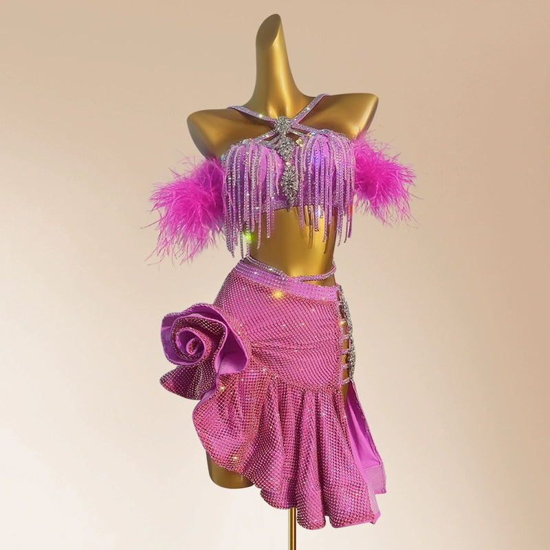 Custom Size Competition Latin Dance Dresses for Women Girls Blue Pink Feather Salsa Rumba Blackpool Dance Costumes - Moderndancedress.com