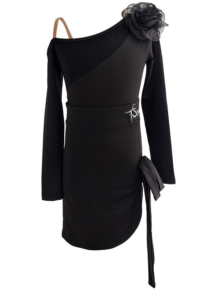 Girls Kids Black Flowers Slant Neck Latin Dance Dresses Irregular Skirts Salsa Latin Long-sleeved Peformance Clothes for Children - Moderndancedress.com