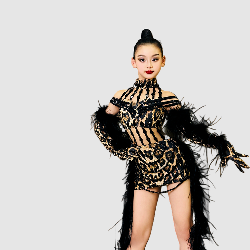Custom Size Leopard Feather Competition Latin Dance Dresses for Women Girls Salsa Rumba Chacha Professional Dance Costumes - Moderndancedress.com