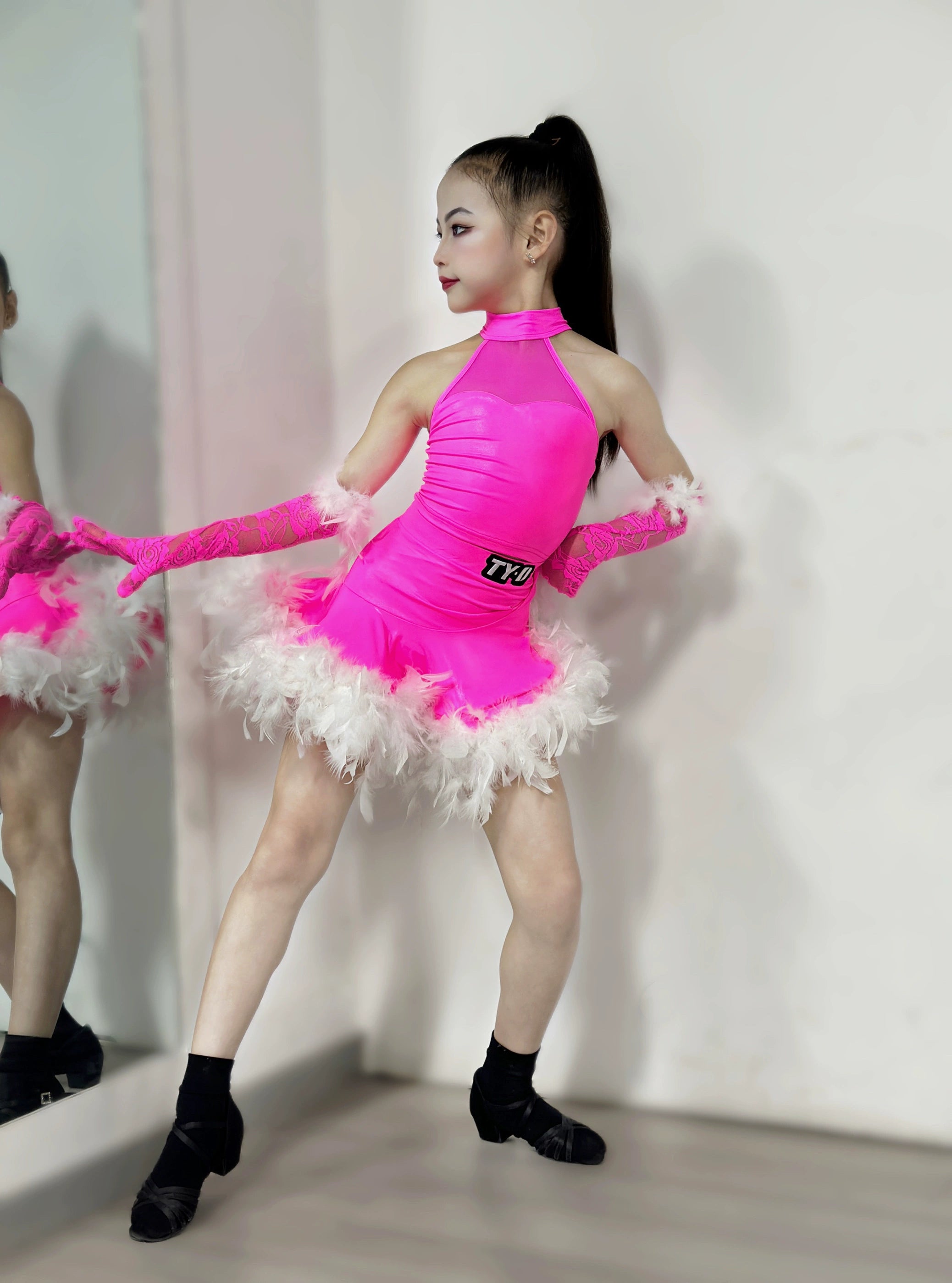 Girls Pink with White Feather Latin Dance Dresses Competiton Stage Performance Salsa Rumba Chacha Party Dancing Costumes for Kids - Moderndancedress.com