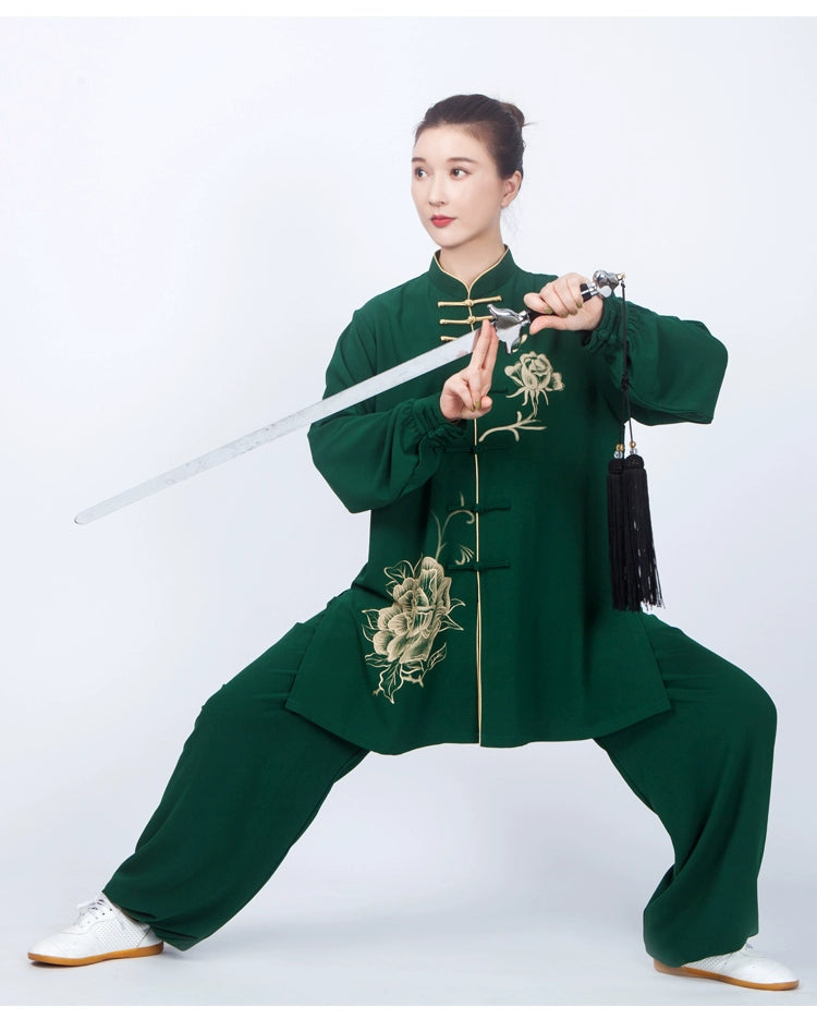 Dark Green Tai Chi Clothing for Women Chinese Kung Fu Uniforms Wushu Martial Art Performance Medium and Long Clothes - Moderndancedress.com