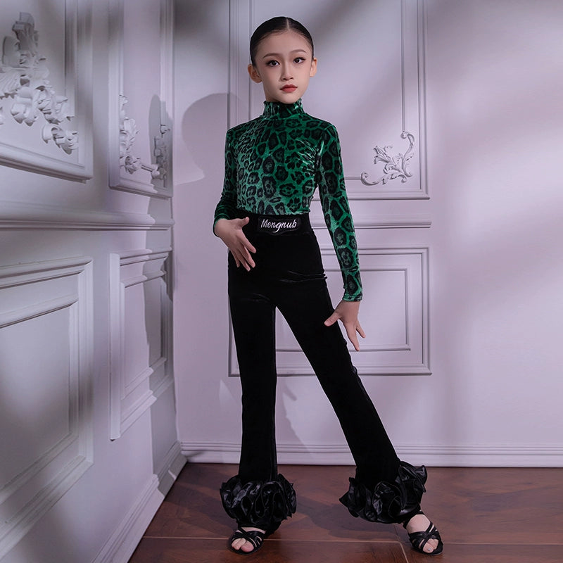 Children's Green Red Leopard Velvet Latin Dance Dresses for Girls Juvenile Salsa Rumba Chacha Ballroom Dancing Costumes for Kids