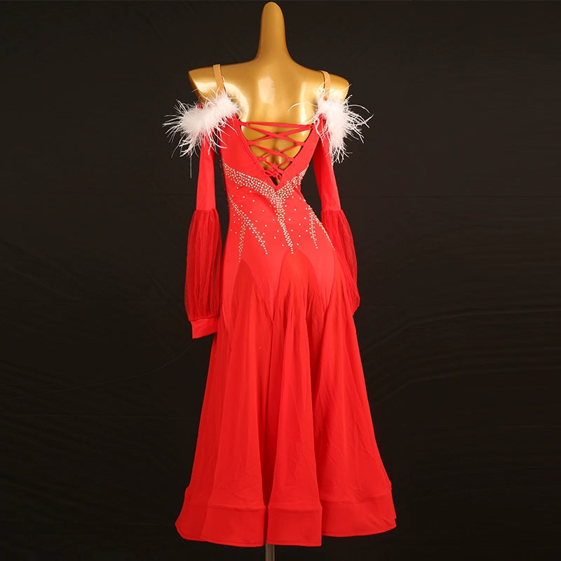 Red with White Feather Competition Ballroom Dance Dress for Women Girls Kids Waltz Tango Flamenco Rhythm Party Performance Ball Gown - Moderndancedress.com