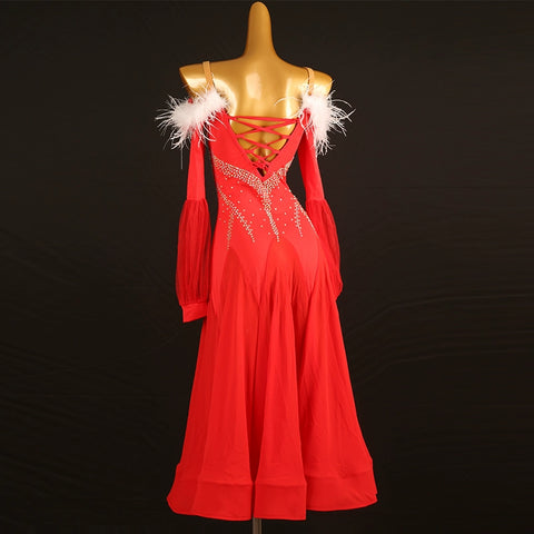 Red with White Feather Competition Ballroom Dance Dress for Women Girls Kids Waltz Tango Flamenco Rhythm Party Performance Ball Gown - Moderndancedress.com