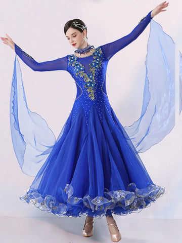 Women's Competition ballroom dance dresses for girls white pink blue waltz tango foxtrot rhythm moving dance long gown with float sleeves - Moderndancedress.com
