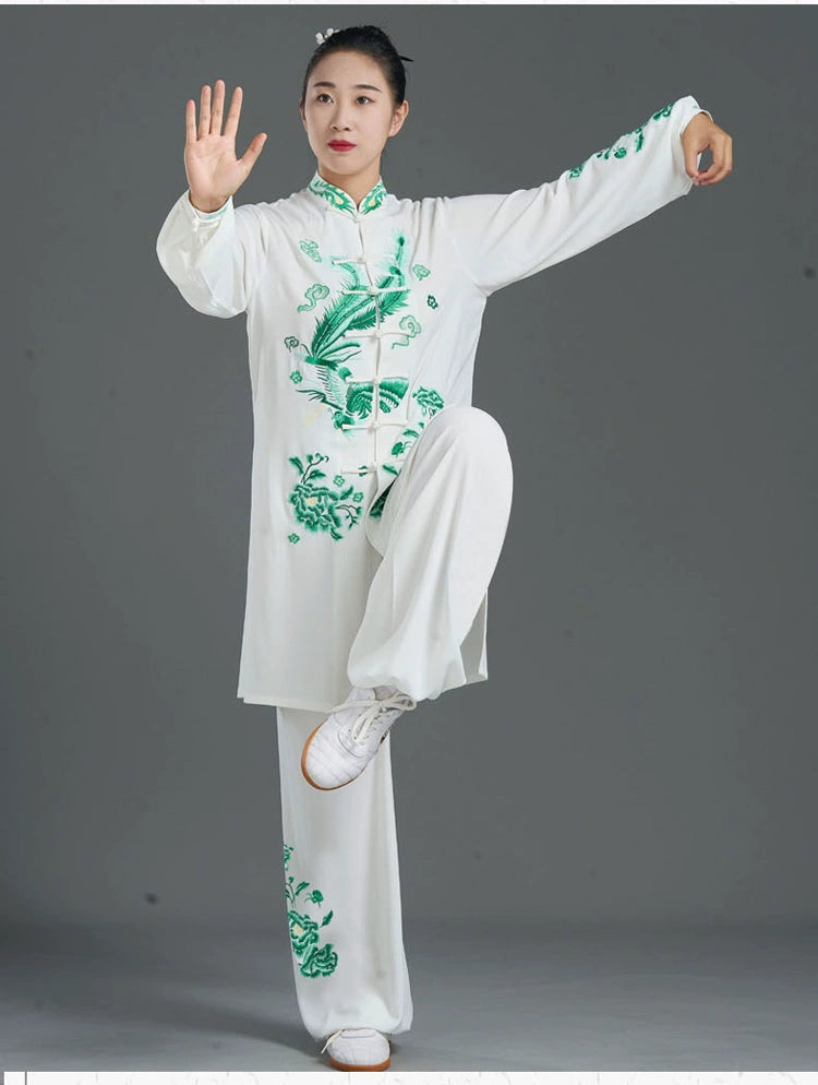Custom Size Green Embroidered Phoenix Tai Chi Clothing for Women Competition Martial Art Wushu Performance Uniforms Brethable Clothes - Moderndancedress.com