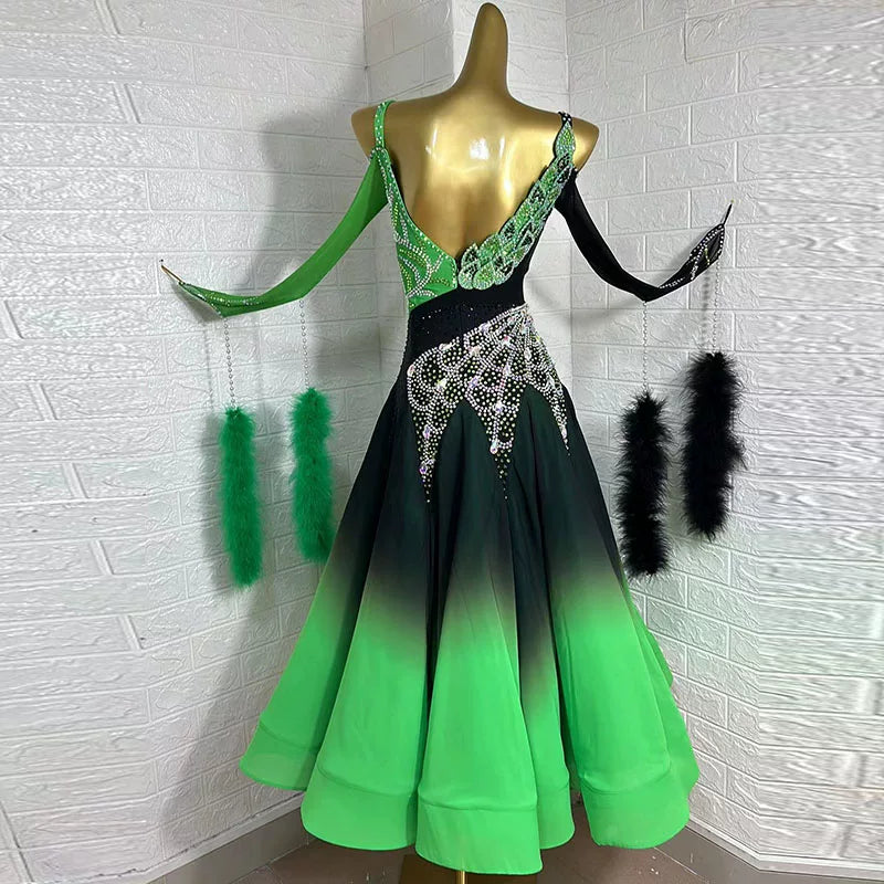 Custom Size Competition Ballroom Dance Dress Spaghetti Strap Leaf Crystal Applique Green Flowy Waltz Tango Gown