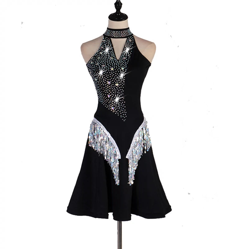High-end Latin skirt professional competition dress sequins tassels dress customizable for children - Moderndancedress.com