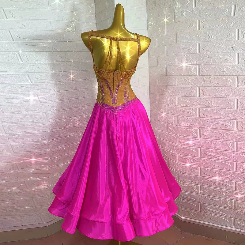 Customized Fuchsia Crystal Embellished Ballroom Dance Dress Flared Skirt Waltz Tango Smooth Dance Gown