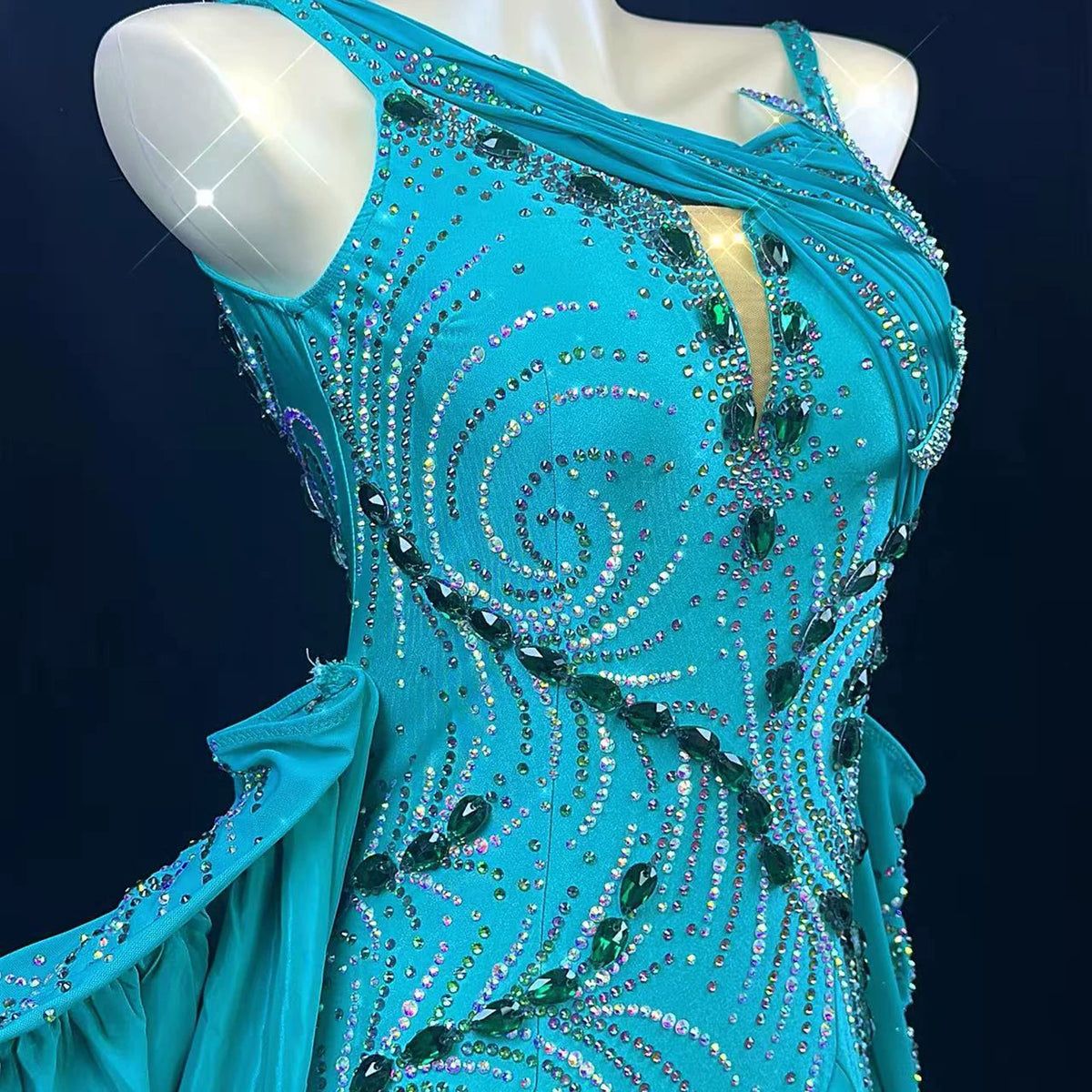 Custom Competition Turquoise Ballroom Dance Dress Premium Feather Waltz Foxtrot Gown