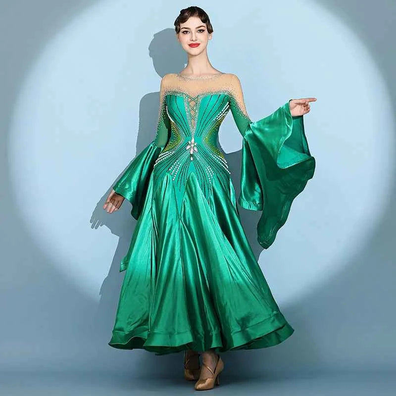Custom Size Competition Ballroom Dance Dresses for Women Green Wine Gemstones Waltz Performance Long Gown