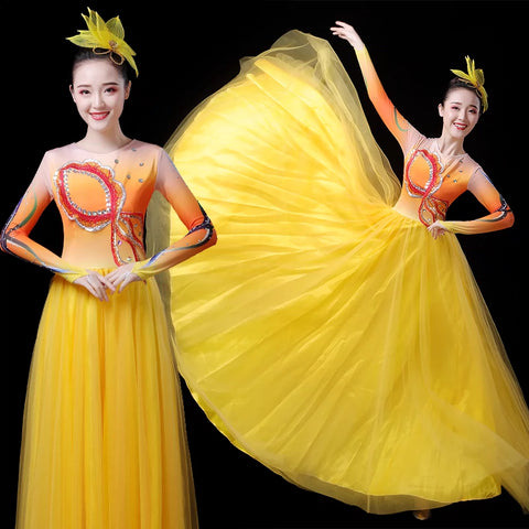 Chinese Folk Dance Costume Atmospheric singing and dancing costumes, opening dance dresses, large-scale adult dance stage dresses - Moderndancedress.com