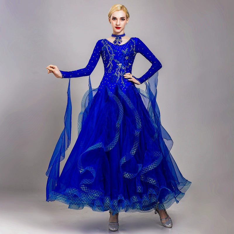 Modern Ballroom dance dresses red blue pink stones waltz tango foxtrot smooth dance swing skirt national standard performance gown for female - Moderndancedress.com