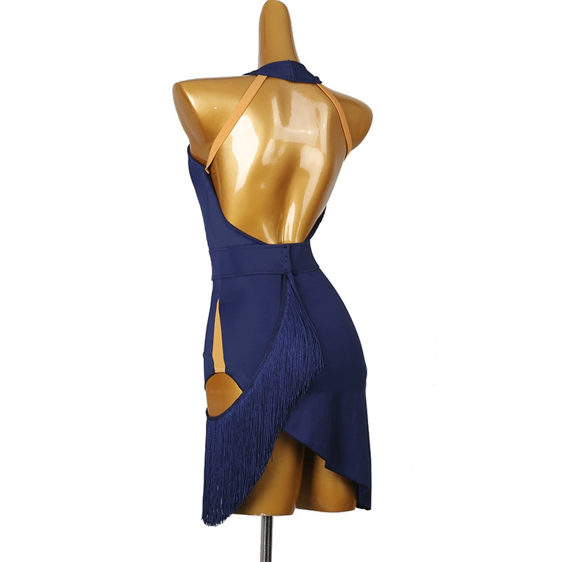 Women girls navy fringe latin  Dance Dresses for women girls halter neck chacha rumba Art Test performance costumes - Moderndancedress.com