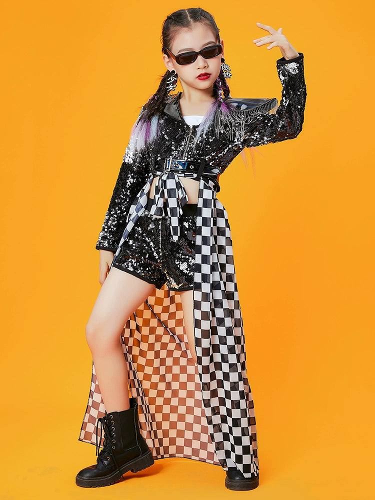 Children Black sequins jazz street hiphop dance costume girls model catwalk gogo dancers dance clothing photography outfits for kids - Moderndancedress.com