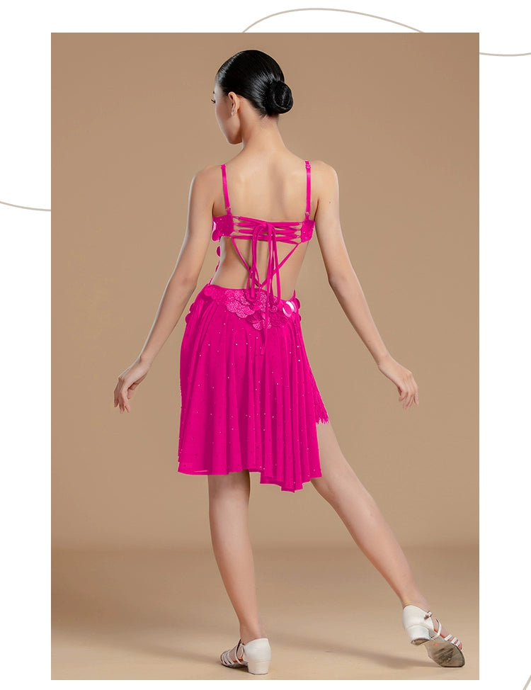 Girls Latin Dance Dresses for Kids Green Pink Sequins Fringe Backless Salsa Chacha Latin Costumes for Children