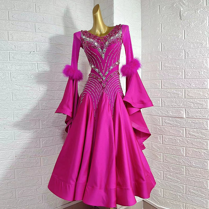 Custom Size Fuchsia Pearl Satin Competition Ballroom Dance Dresses for Women Girls Tango Rhythm Waltz Dance Long Skirts - Moderndancedress.com