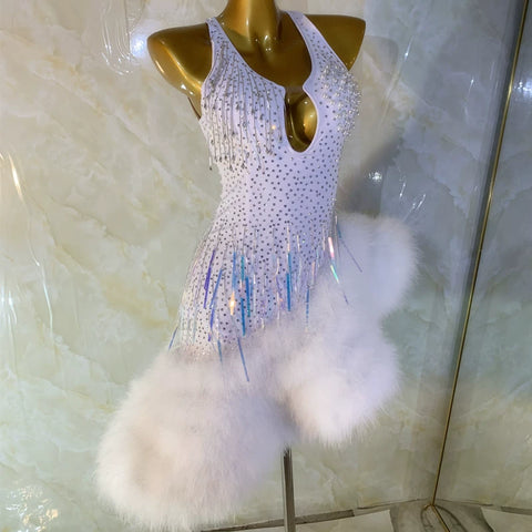 Customized size white Latin dance competition dresses for girls women bling tassesl feather professional salsa latin performance wear - Moderndancedress.com