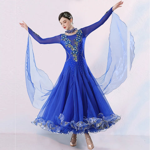 Women's Competition ballroom dance dresses for girls white pink blue waltz tango foxtrot rhythm moving dance long gown with float sleeves - Moderndancedress.com