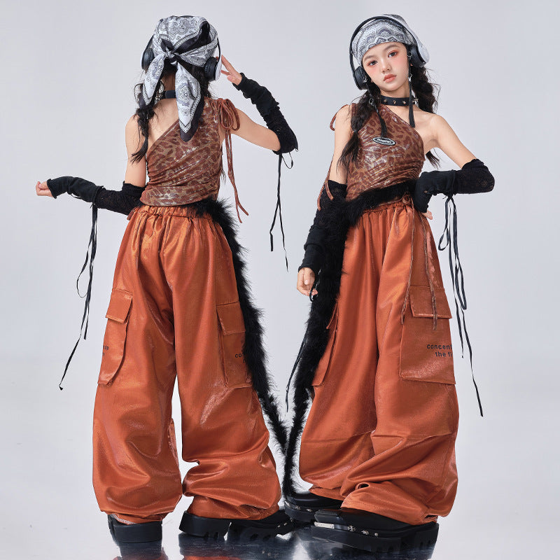 Girls Jazz Dance Costume K Hip Hop Dance Outfits Metallic Cargo Pants & Leopard Halter Wear