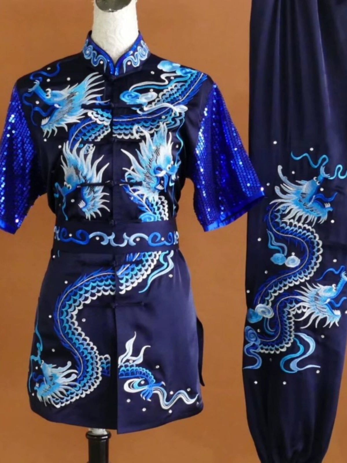 Customized size dragon Wushu martial art competition uniforms tai chi kungfu clothing for adult Children Changquan Nanquan Group Performance Suit - Moderndancedress.com