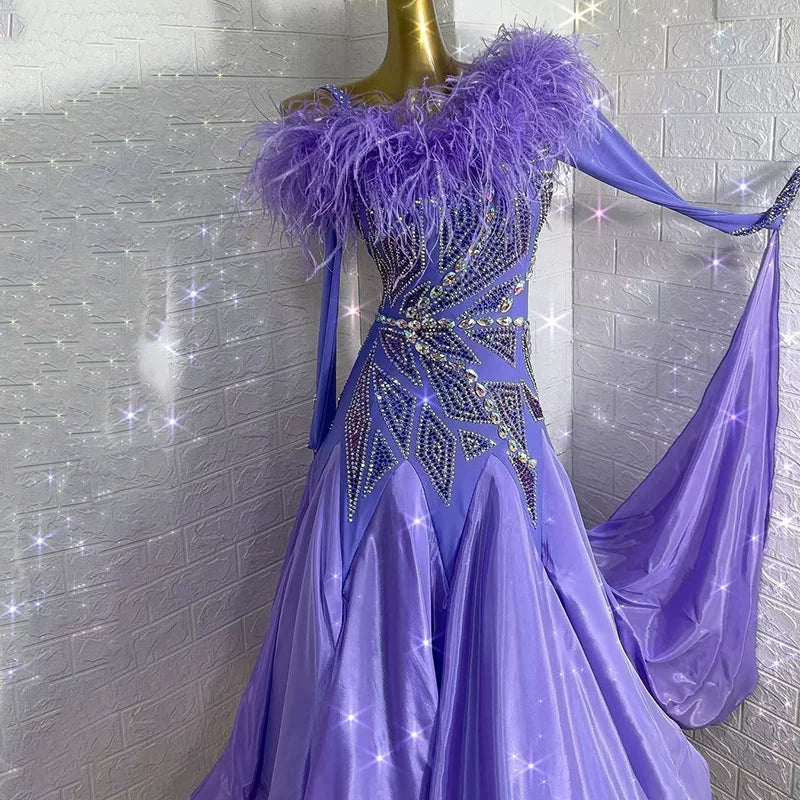 Custom Size Lavender Purple Feather Ballroom Dance Dress  Rhinestone Gown for Waltz Modern Standard Competition
