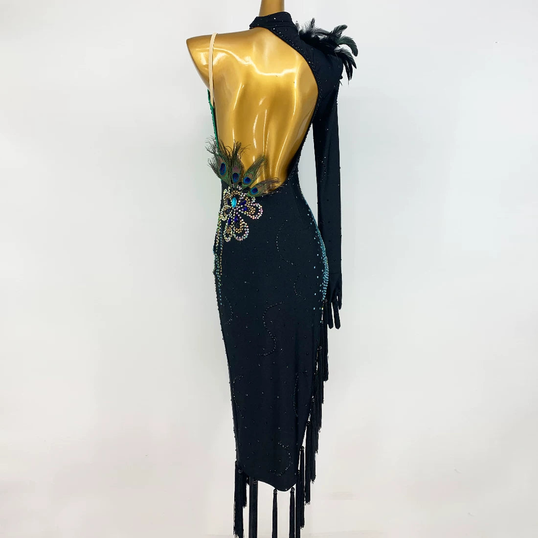 Custom Size Emerald Peacock Latin Dance Dress - Rhinestone Fringe Competition Costume