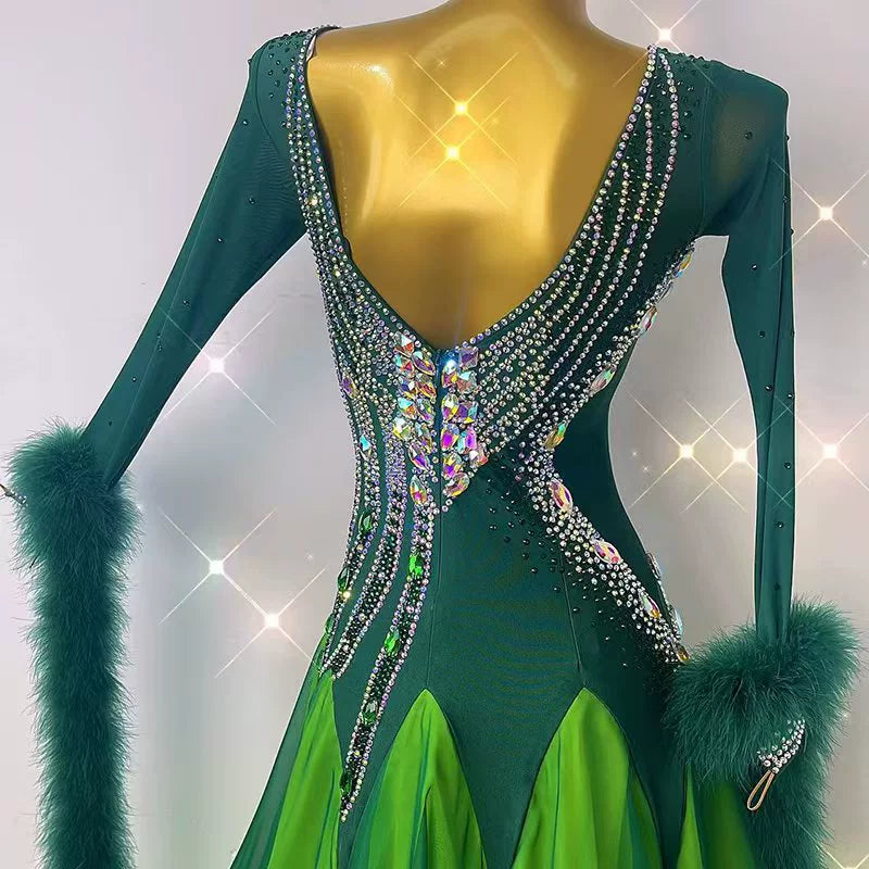 Custom Size Green Gradient Ballroom Dance Dresses for Women Girls Waltz Tango Foxtrot Smooth Dance Long Skirts - Moderndancedress.com