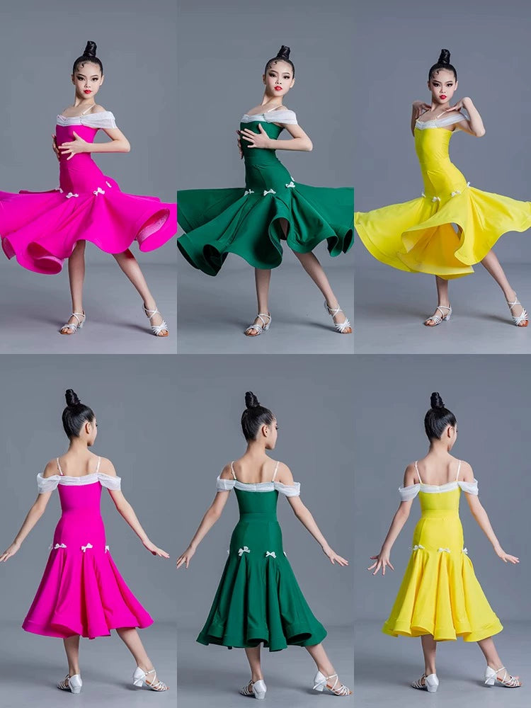 girls colorful ballroom dance dreses pink yellow kids professional standard  dance uniforms social performance dance clothes for kids - Moderndancedress.com