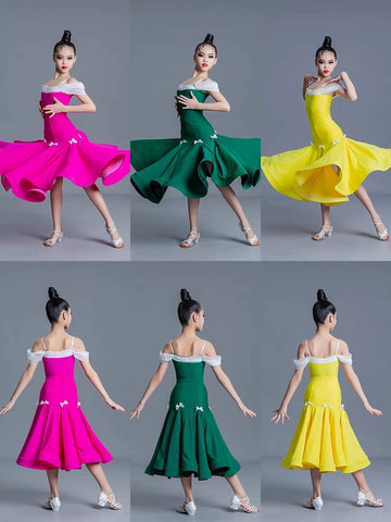 girls colorful ballroom dance dreses pink yellow kids professional standard  dance uniforms social performance dance clothes for kids - Moderndancedress.com