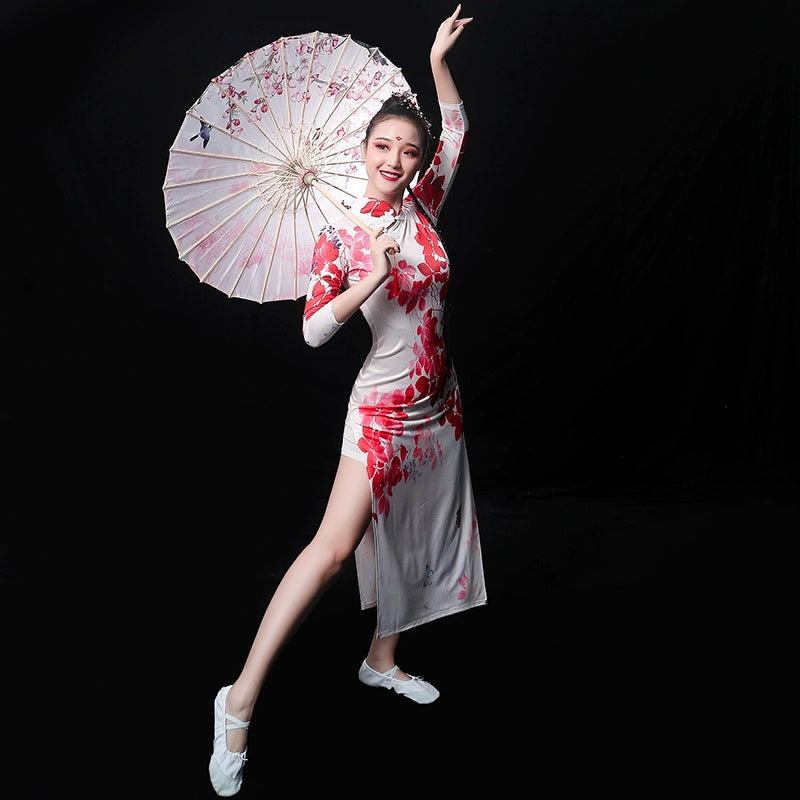 Chinese Folk Dance Costume Classical Dance Costume Female Chinese Style Nationality Modern Cheongsam Umbrella Dance Fan Dance Costume Adult - 