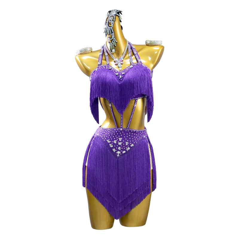 Violet Purple Fringe Latin Dance Dresses for Women Girls Latin Salsa Rumba Chacha Performance Skirts - Moderndancedress.com