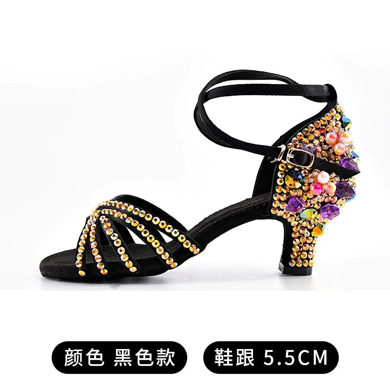 Bronze White Gemstones Latin Dance Shoes for Women Girls Pearl Purple Gemstones High-heeled Latin Ballroom Tango Salsa Jive Chacha Dance Sandals - Moderndancedress.com
