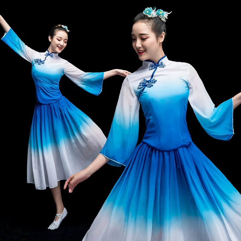Chinese Folk Dance Costume Opening Dance Blue and White Porcelain Modern Dance Dress Chorus Long Skirt Chinese Kite Performing Dress Female Adults - Moderndancedress.com