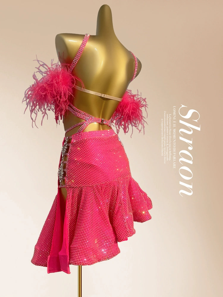 Custom Size Competition Latin Dance Dresses for Women Girls Blue Pink Feather Salsa Rumba Blackpool Dance Costumes - Moderndancedress.com