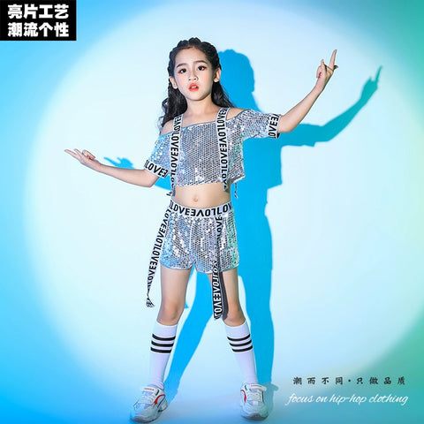 Children's hip hop sreet jazz dance outfits for girls blue silver sequin hiphop dance clothes catwalk model show photos wear for kids - Moderndancedress.com