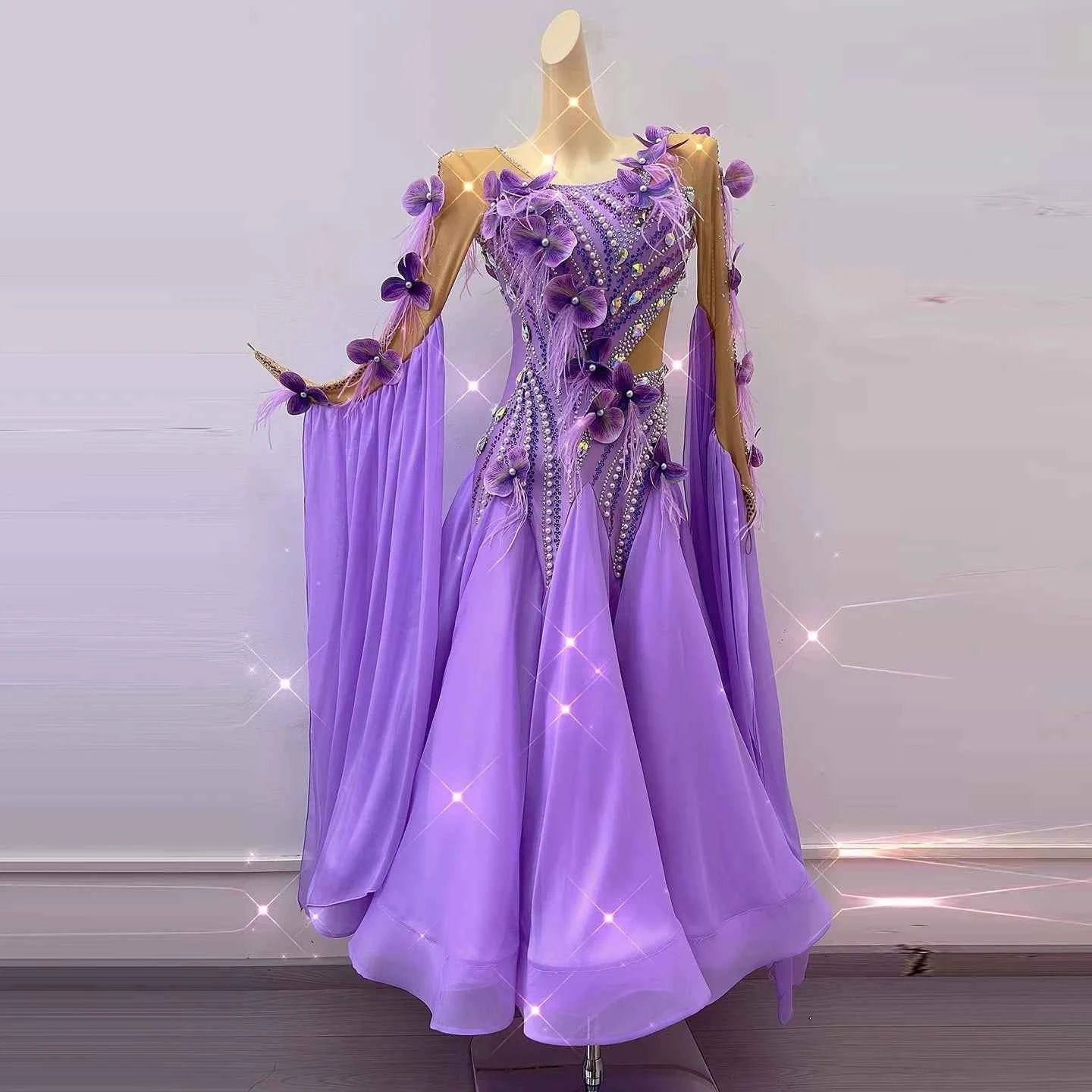 Custom Size Purple 3D Flowers Ballroom Dance Dress Tango Foxtrot Waltz Performance Gown