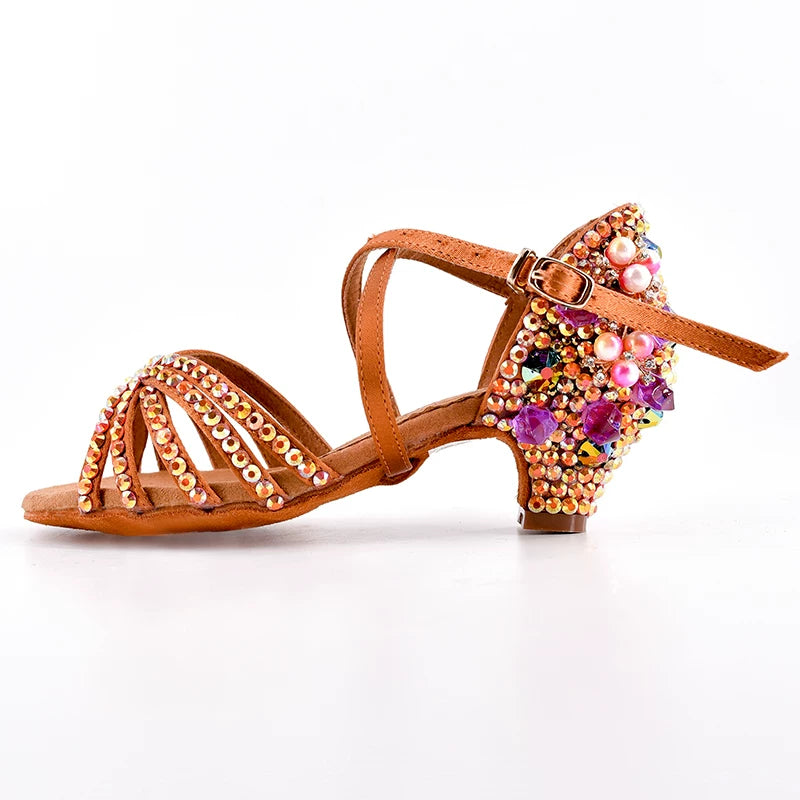 Women's Rhinestone Latin Dance Shoes | Low Heel Ballroom Salsa Sandals