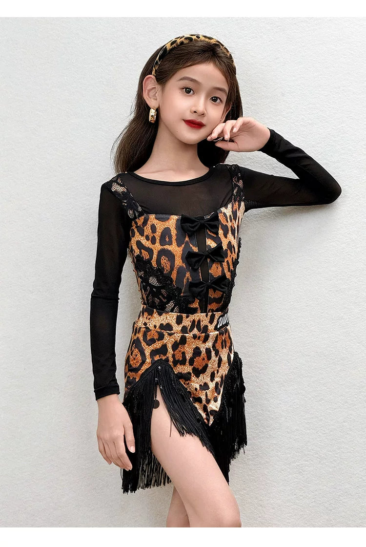 Girls Leopard Print Latin Dance Dress - Kids Fringe Salsa Ballroom Costume