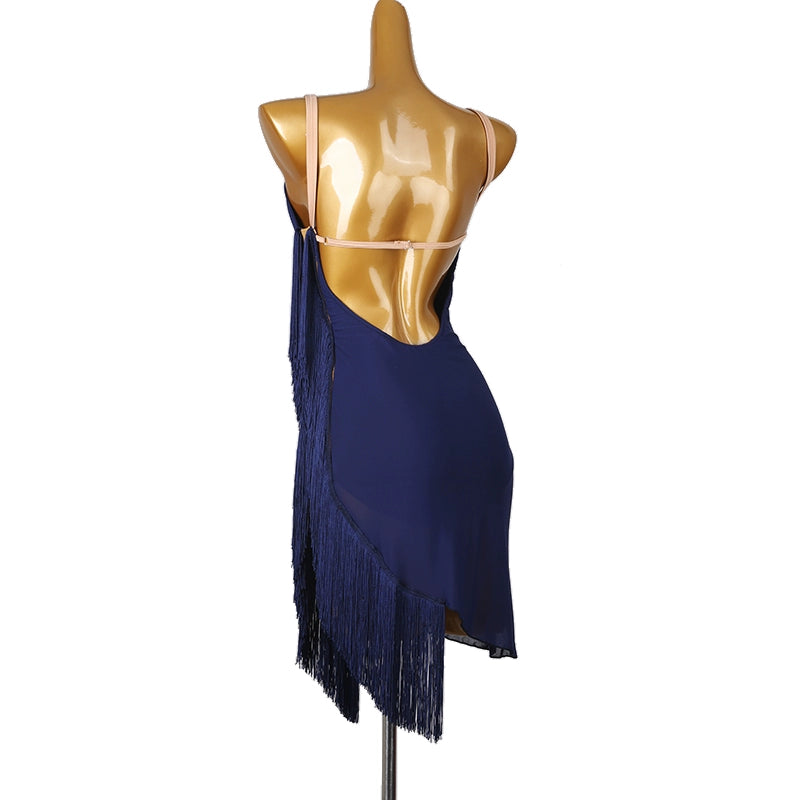 Navy blue fringed  women girls Latin dance dresses salsa rumba samba chacha performance costumes dance wear for lady - Moderndancedress.com